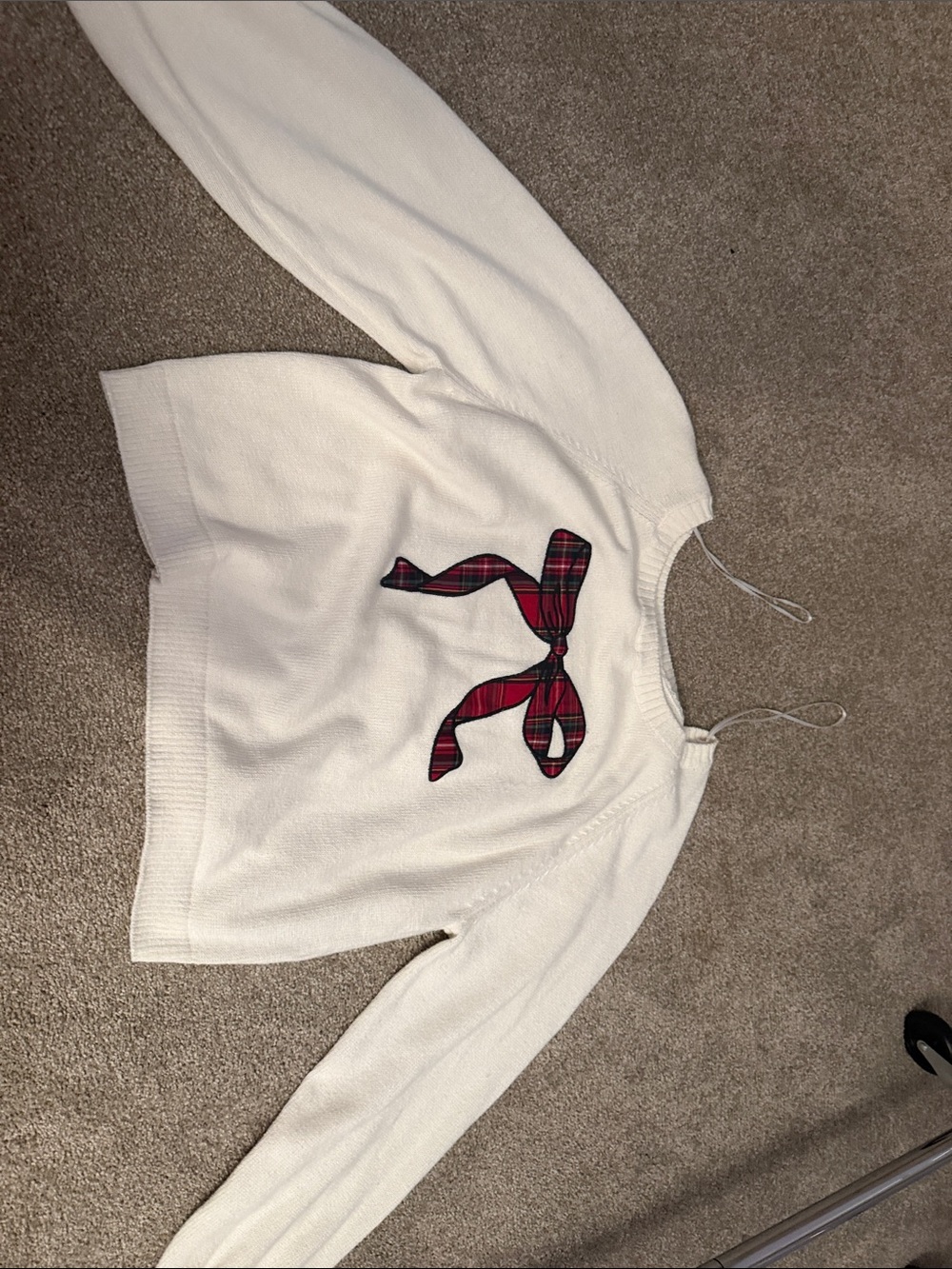Hollister White Knit Sweater with Red Plaid Bow Appliqué